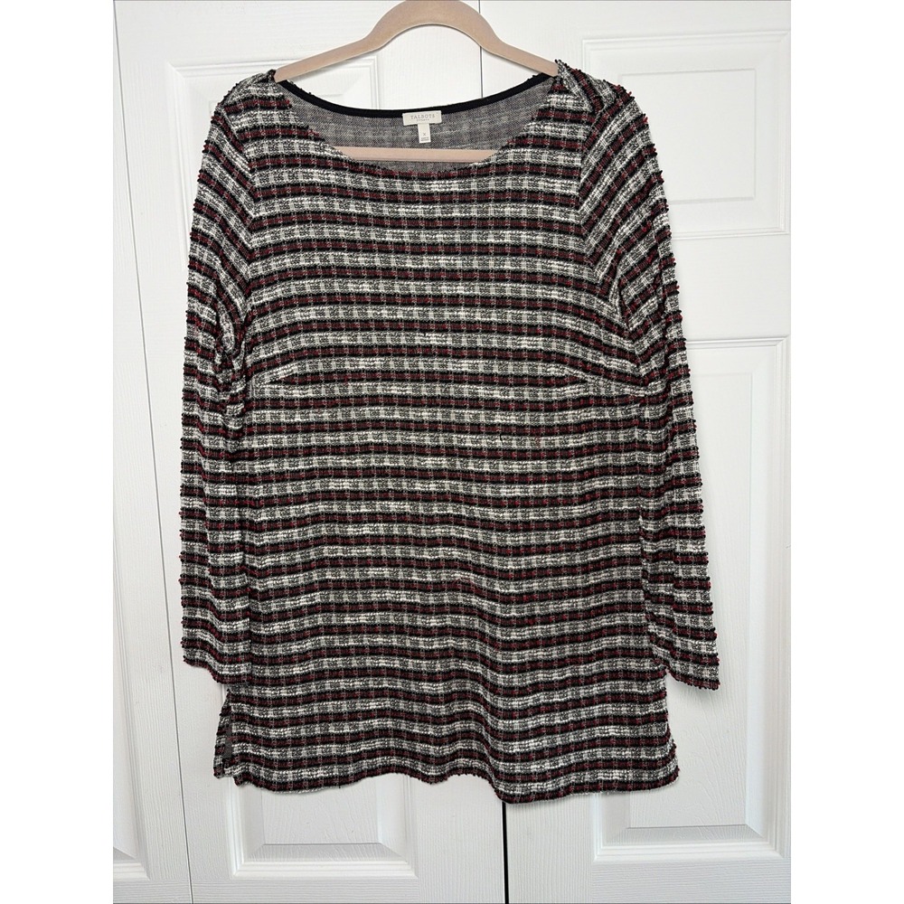 Talbots Plus Tweed Knit Tunic Womens Size 1X Black Red Plaid Boucle Cotton Blend